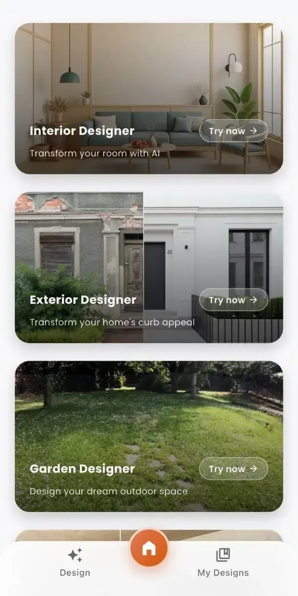 DecorAI AI Interior Design app interface for AI room redesign on iPhone